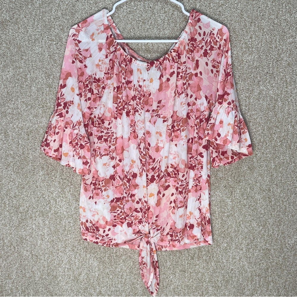 Imperfect pink floral ruffle sleeve tie front stretchy lightweight large top